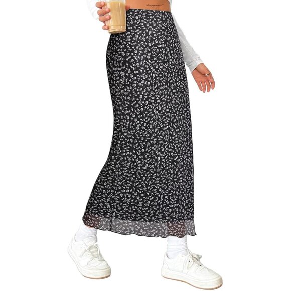 Trendy Mesh Side Slit Maxi Skirt - Boho Floral, High Waisted, Summer Must-Have - Picture 4 of 5